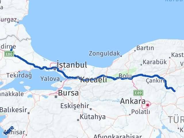Kırklareli Kızılırmak Çankırı Arası Kaç Km - Yol Haritası