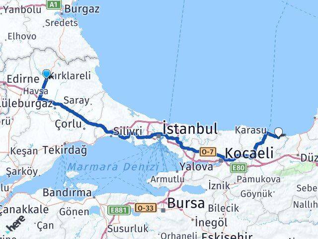 Kırklareli Kocaali Sakarya Arası Kaç Km - Yol Haritası