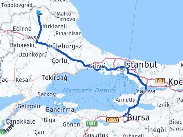 Kırklareli Kofçaz Bursa Arası Kaç Km - Yol Haritası