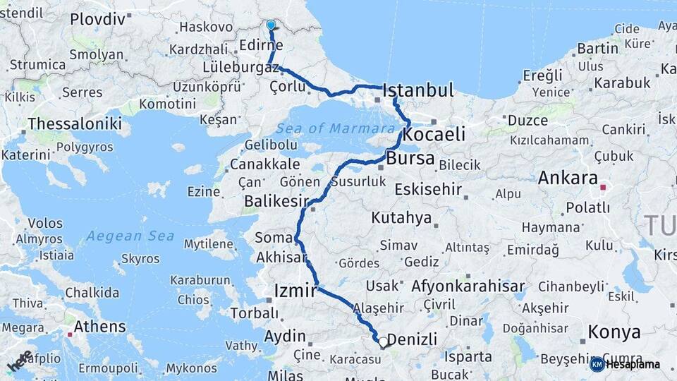 Kırklareli Kofçaz Denizli Arası Kaç Km - Yol Haritası