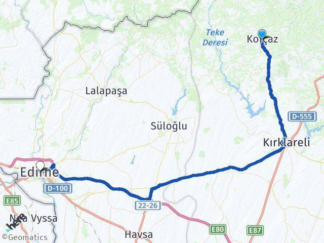 Kırklareli Kofçaz Edirne Arası Kaç Km - Yol Haritası