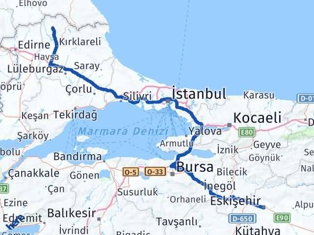 Kırklareli Kofçaz Eskişehir Arası Kaç Km - Yol Haritası