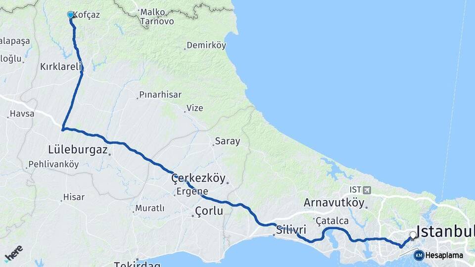 Kırklareli Kofçaz İstanbul Arası Kaç Km - Yol Haritası