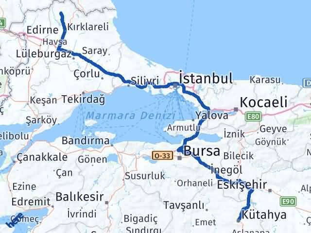 Kırklareli Kofçaz Kütahya Arası Kaç Km - Yol Haritası