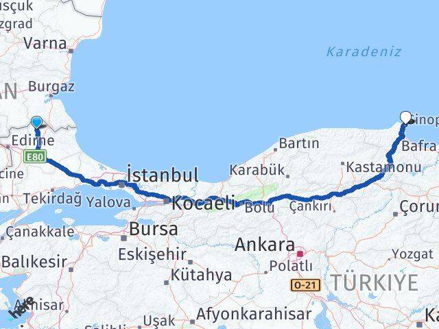 Kırklareli Kofçaz Sinop Arası Kaç Km - Yol Haritası