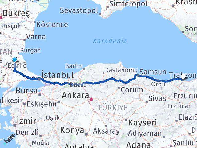 Kırklareli Kofçaz Trabzon Arası Kaç Km - Yol Haritası