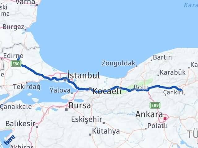 Kırklareli Korgun Çankırı Arası Kaç Km - Yol Haritası
