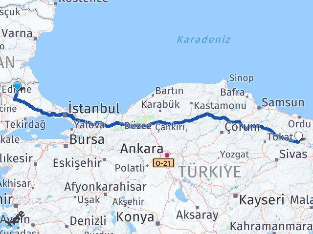 Kırklareli Koyulhisar Sivas Arası Kaç Km - Yol Haritası