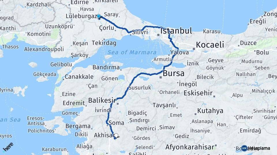 Kırklareli Lüleburgaz Akhisar Manisa Arası Kaç Km - Yol Haritası