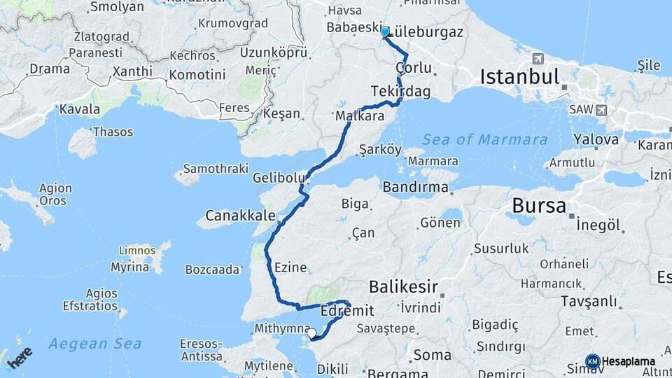 Kırklareli Lüleburgaz Ayvalık Balıkesir Arası Kaç Km - Yol Haritası