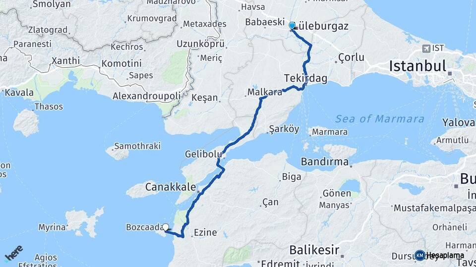 Kırklareli Lüleburgaz Bozcaada Çanakkale Arası Kaç Km - Yol Haritası