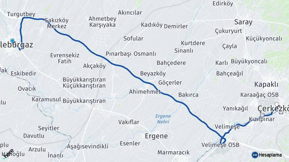 Kırklareli Lüleburgaz Çerkezköy Tekirdağ Arası Kaç Km - Yol Haritası