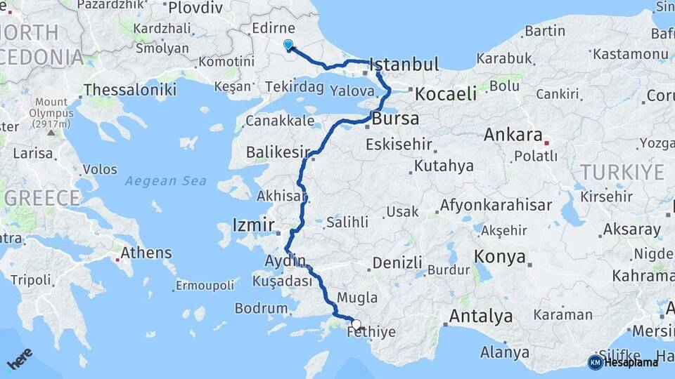 Kırklareli Lüleburgaz Dalaman Muğla Arası Kaç Km - Yol Haritası
