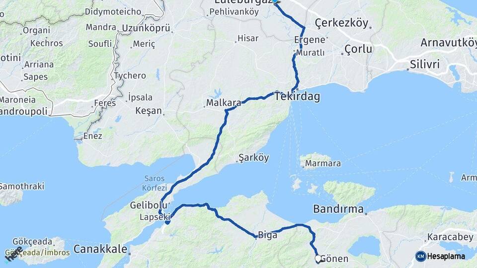 Kırklareli Lüleburgaz Gönen Balıkesir Arası Kaç Km - Yol Haritası