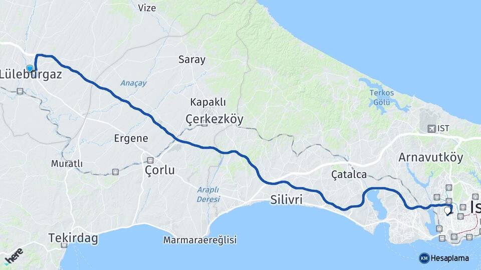 Kırklareli Lüleburgaz Halkalı Küçükçekmece İstanbul Arası Kaç Km - Yol Haritası