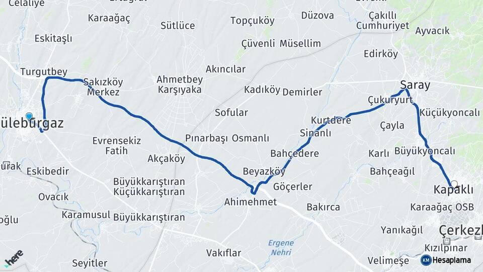 Kırklareli Lüleburgaz Kapaklı Tekirdağ Arası Kaç Km - Yol Haritası