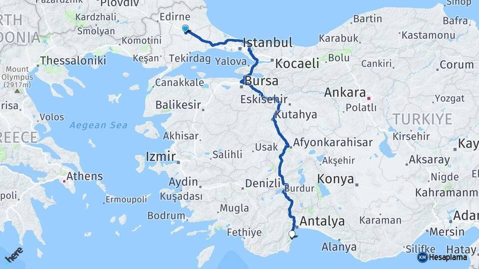Kırklareli Lüleburgaz Kemer Antalya Arası Kaç Km - Yol Haritası