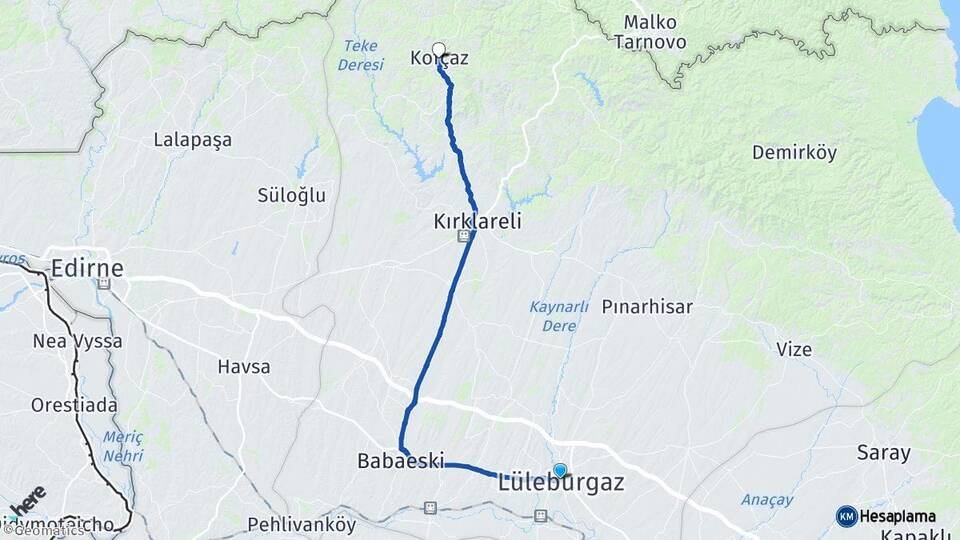 Kırklareli Lüleburgaz Kofçaz Arası Kaç Km - Yol Haritası