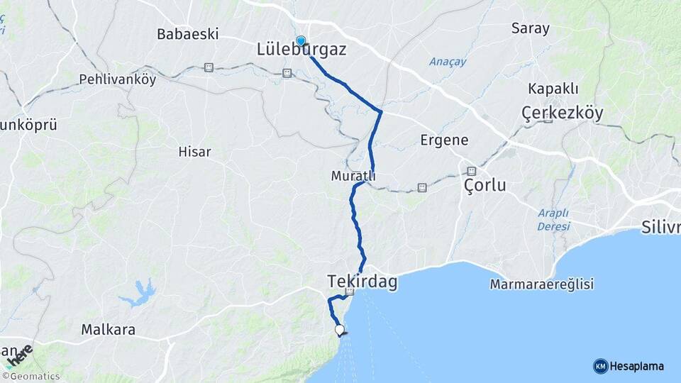 Kırklareli Lüleburgaz Kumbağ Süleymanpaşa Tekirdağ Arası Kaç Km - Yol Haritası