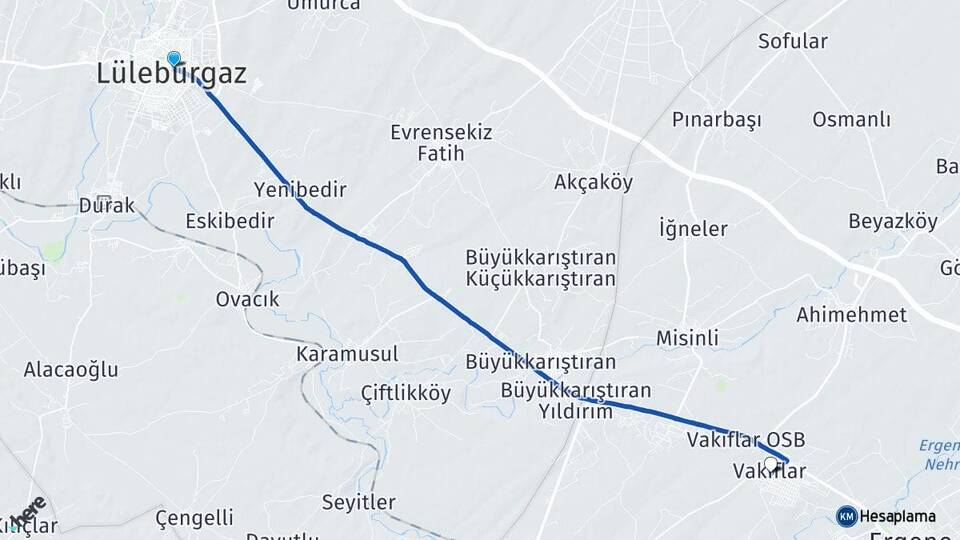 Kırklareli Lüleburgaz Vakıflar Ergene Tekirdağ Arası Kaç Km - Yol Haritası
