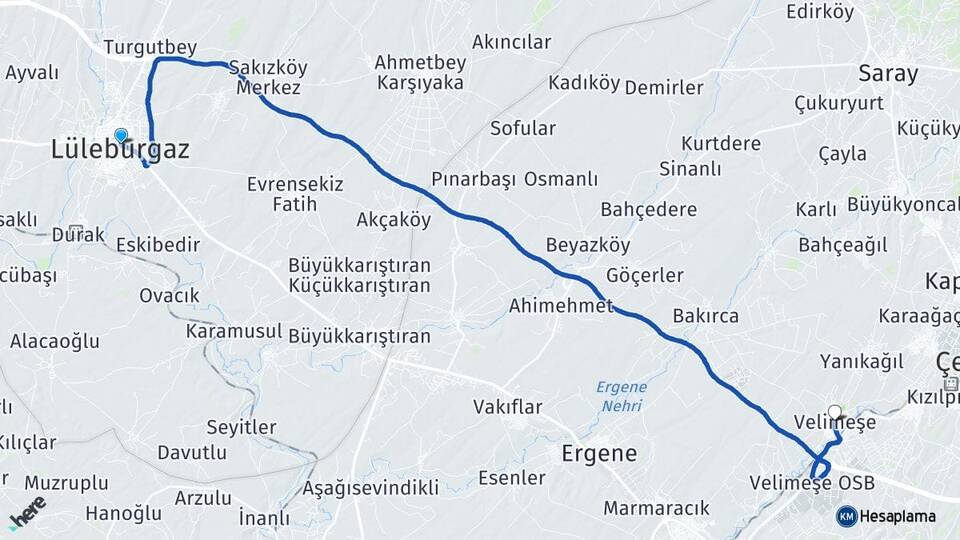 Kırklareli Lüleburgaz Velimeşe Ergene Tekirdağ Arası Kaç Km - Yol Haritası