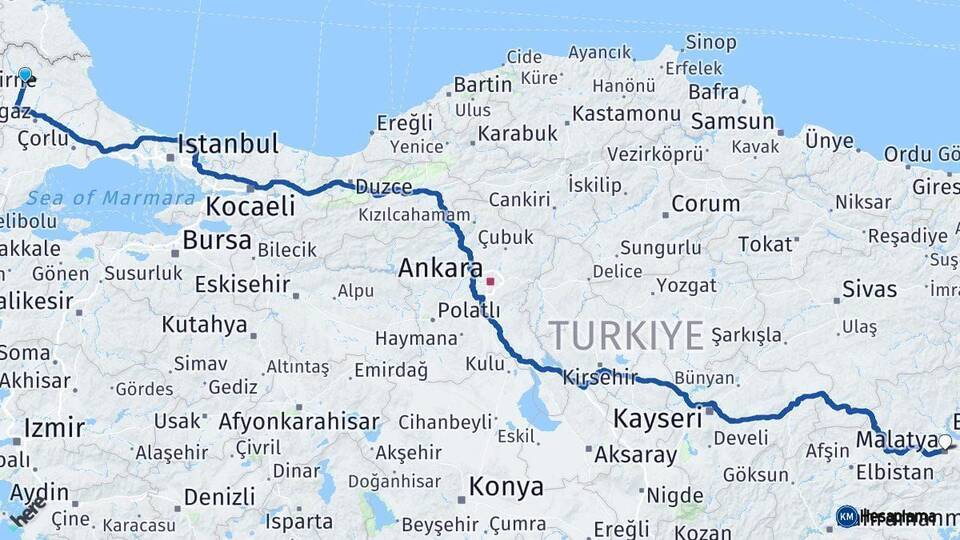 Kırklareli Malatya Arası Kaç Km - Yol Haritası