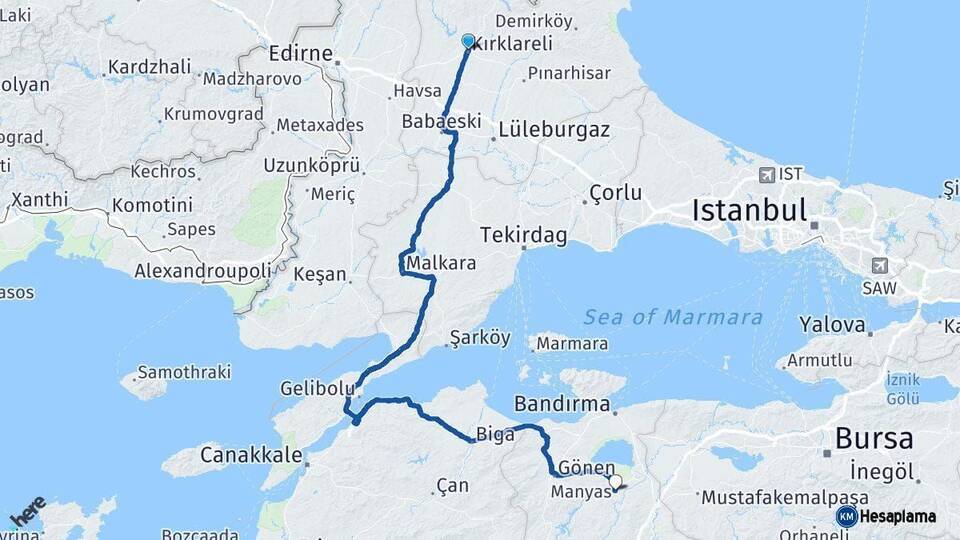 Kırklareli Manyas Balıkesir Arası Kaç Km - Yol Haritası