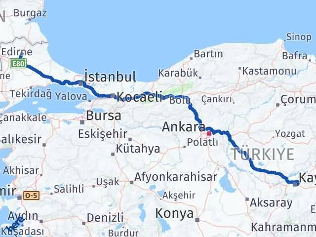 Kırklareli Melikgazi Kayseri Arası Kaç Km - Yol Haritası