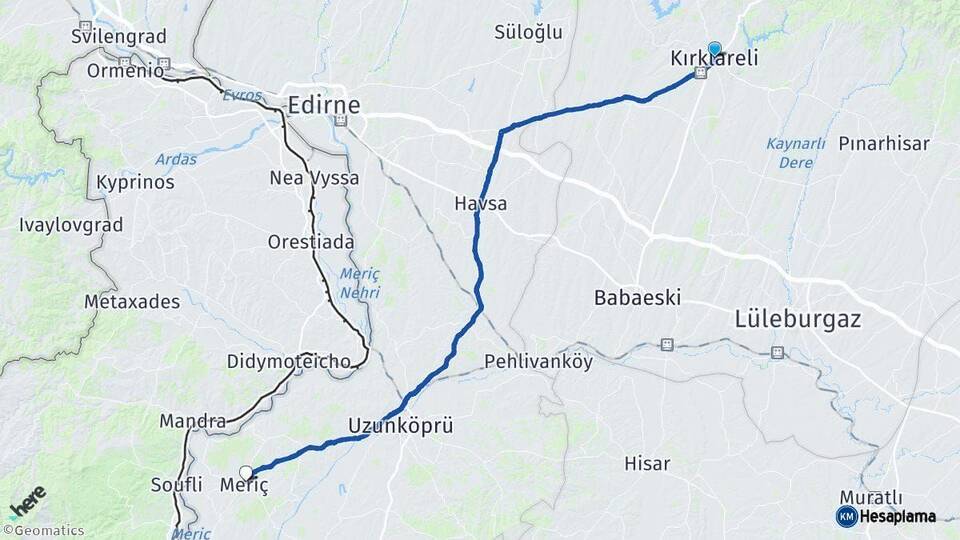 Kırklareli Meriç Edirne Arası Kaç Km - Yol Haritası