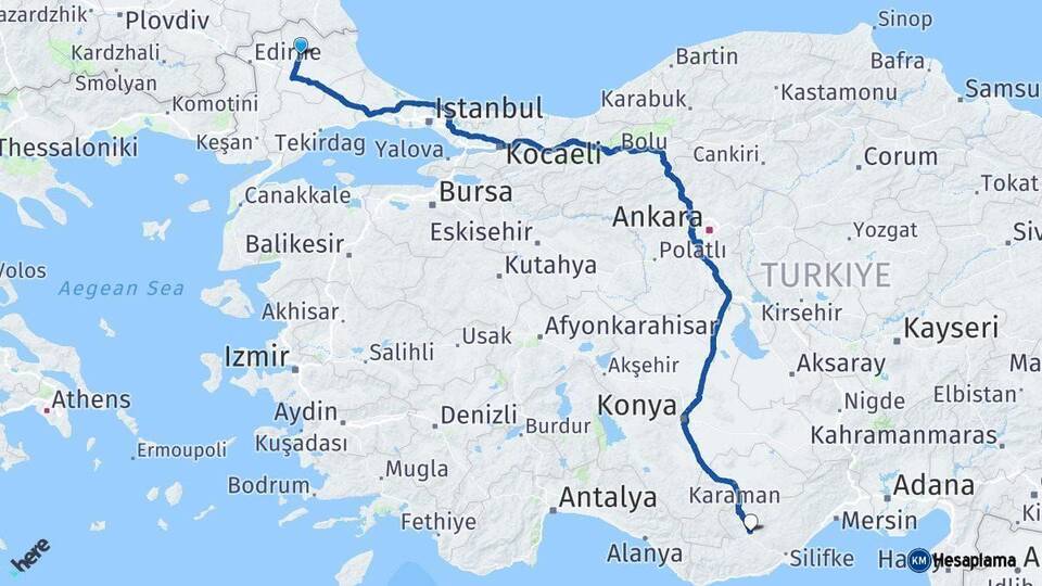 Kırklareli Mut Mersin Arası Kaç Km - Yol Haritası