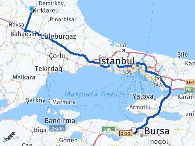 Kırklareli Nilüfer Bursa Arası Kaç Km - Yol Haritası