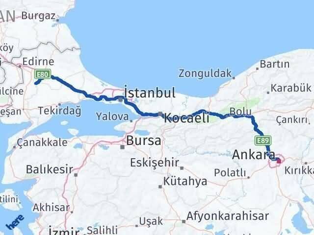 Kırklareli Pehlivanköy Ankara Arası Kaç Km - Yol Haritası
