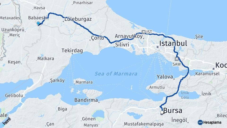 Kırklareli Pehlivanköy Bursa Arası Kaç Km - Yol Haritası