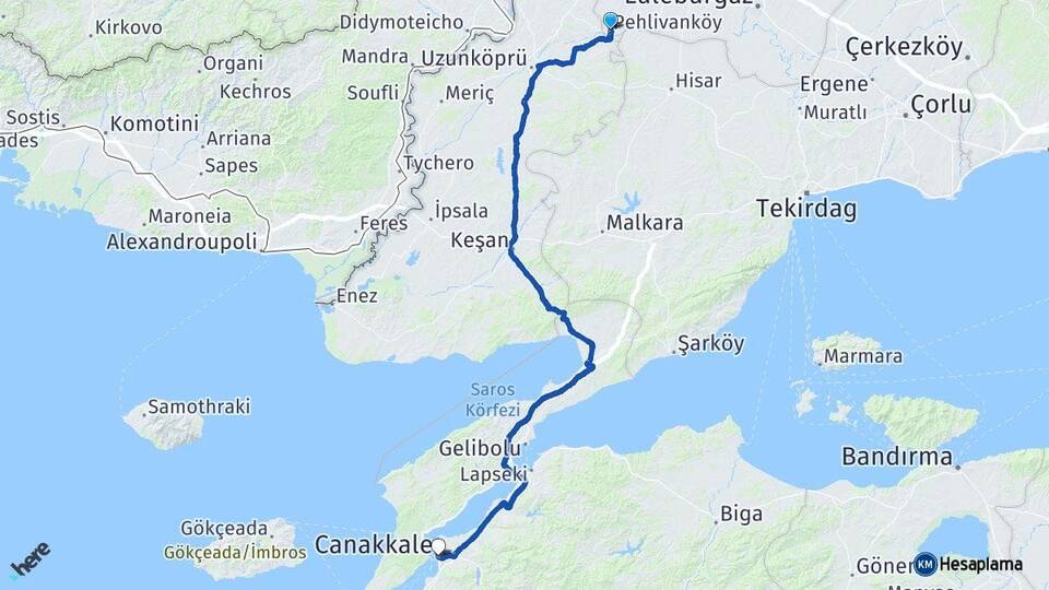 Kırklareli Pehlivanköy Çanakkale Arası Kaç Km - Yol Haritası