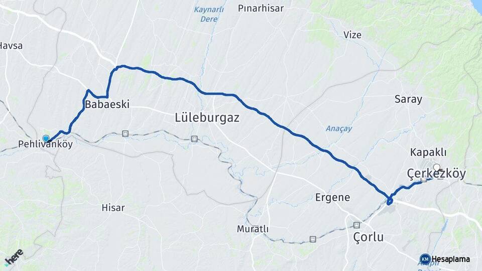 Kırklareli Pehlivanköy Çerkezköy Tekirdağ Arası Kaç Km - Yol Haritası
