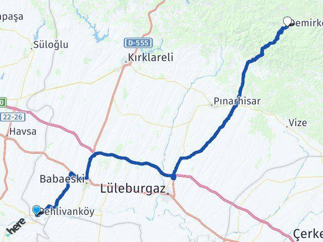 Kırklareli Pehlivanköy Demirköy Arası Kaç Km - Yol Haritası