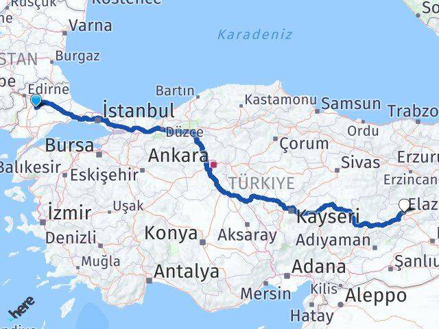 Kırklareli Pehlivanköy Elazığ Arası Kaç Km - Yol Haritası