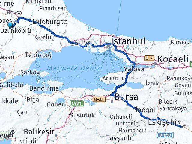 Kırklareli Pehlivanköy Eskişehir Arası Kaç Km - Yol Haritası