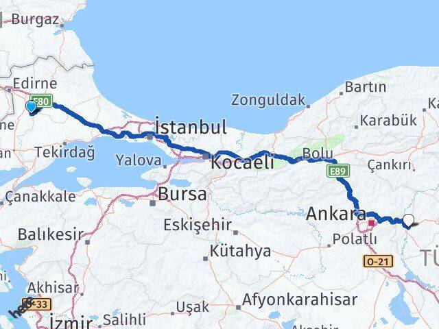 Kırklareli Pehlivanköy Kırıkkale Arası Kaç Km - Yol Haritası