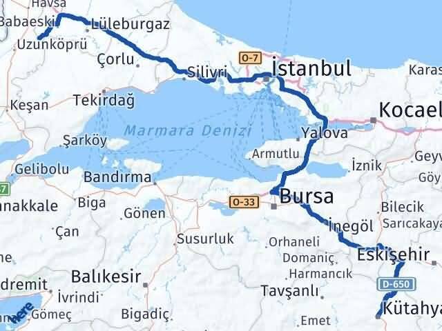 Kırklareli Pehlivanköy Kütahya Arası Kaç Km - Yol Haritası