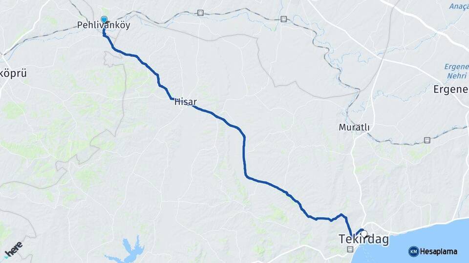 Kırklareli Pehlivanköy Tekirdağ Arası Kaç Km - Yol Haritası