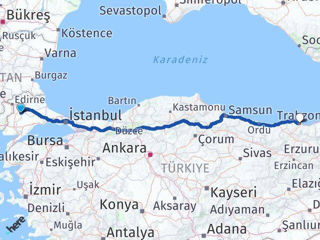 Kırklareli Pehlivanköy Trabzon Arası Kaç Km - Yol Haritası