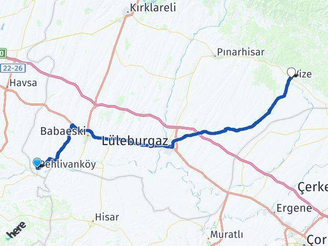 Kırklareli Pehlivanköy Vize Arası Kaç Km - Yol Haritası