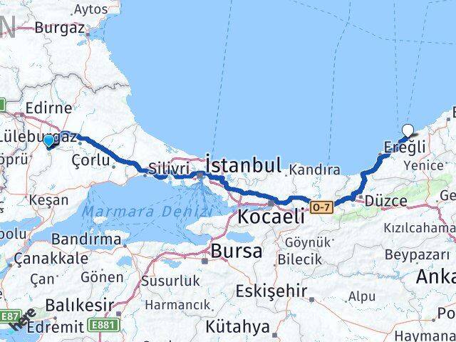 Kırklareli Pehlivanköy Zonguldak Arası Kaç Km - Yol Haritası