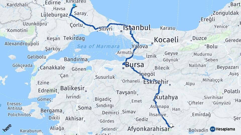 Kırklareli Pınarhisar Afyonkarahisar Arası Kaç Km - Yol Haritası