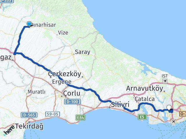 Kırklareli Pınarhisar Atakent Küçükçekmece İstanbul Arası Kaç Km - Yol Haritası
