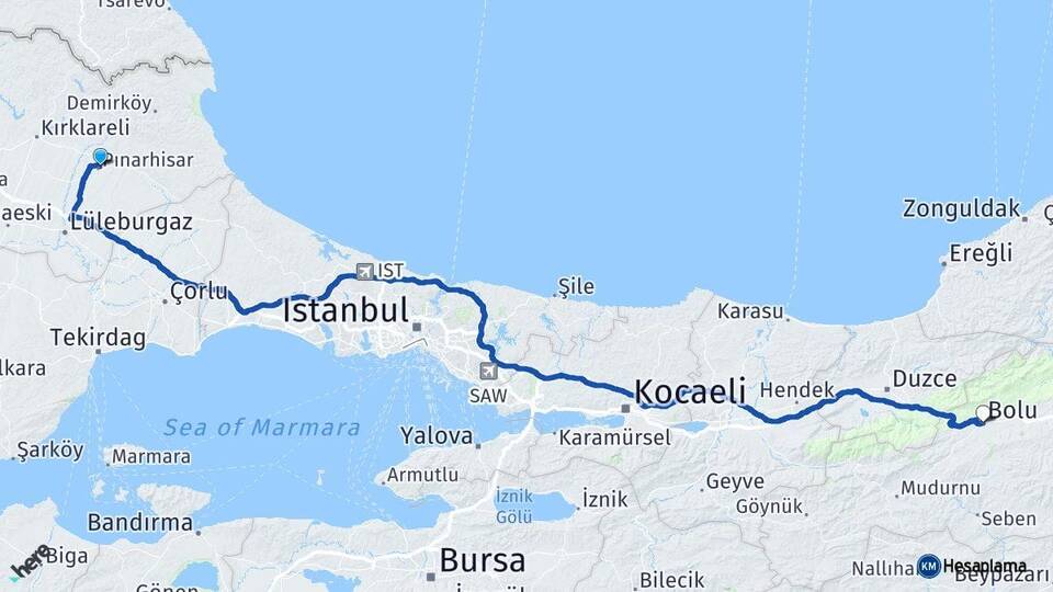 Kırklareli Pınarhisar Bolu Arası Kaç Km - Yol Haritası