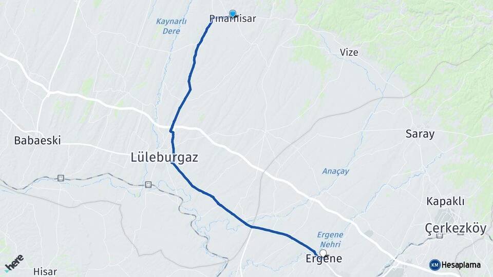 Kırklareli Pınarhisar Ergene Tekirdağ Arası Kaç Km - Yol Haritası