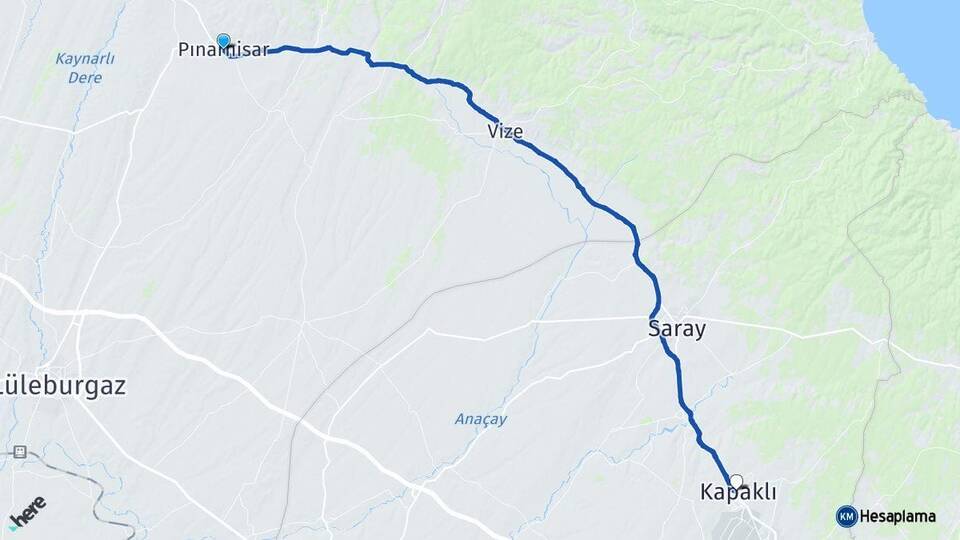 Kırklareli Pınarhisar Kapaklı Tekirdağ Arası Kaç Km - Yol Haritası