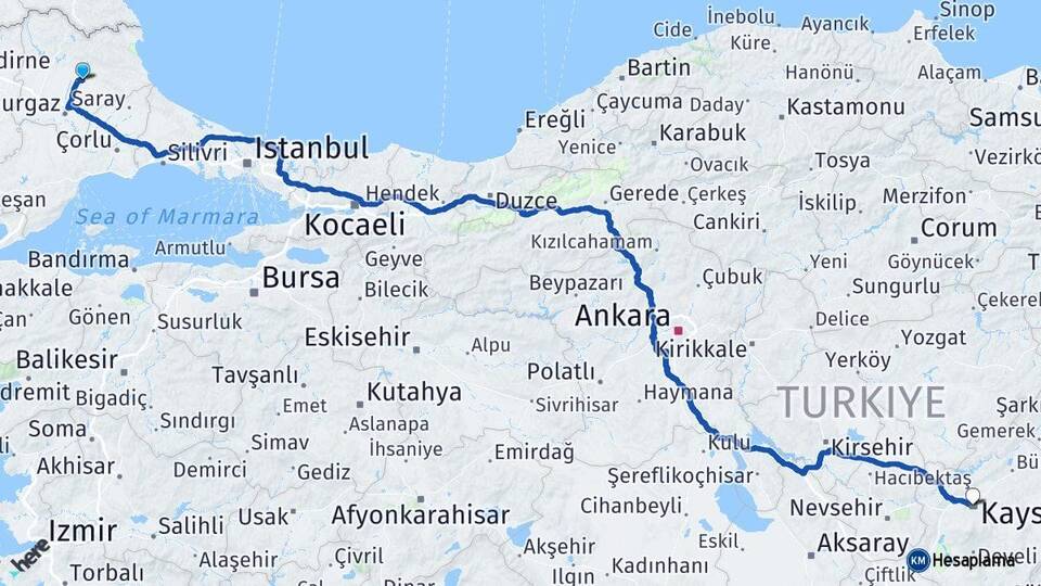 Kırklareli Pınarhisar Kayseri Arası Kaç Km - Yol Haritası